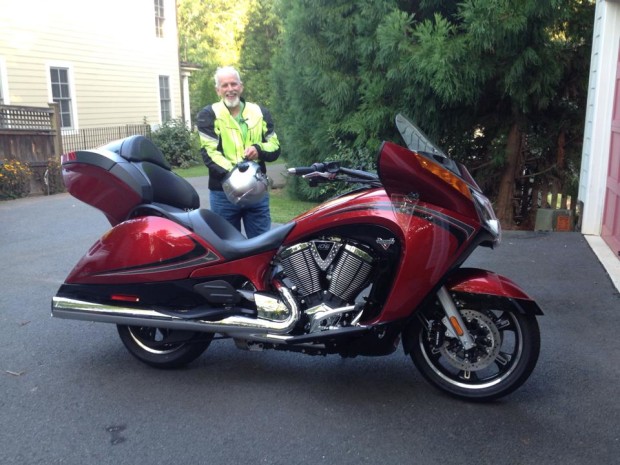 Hubby, shortly after arriving home with is brand-new Victory.